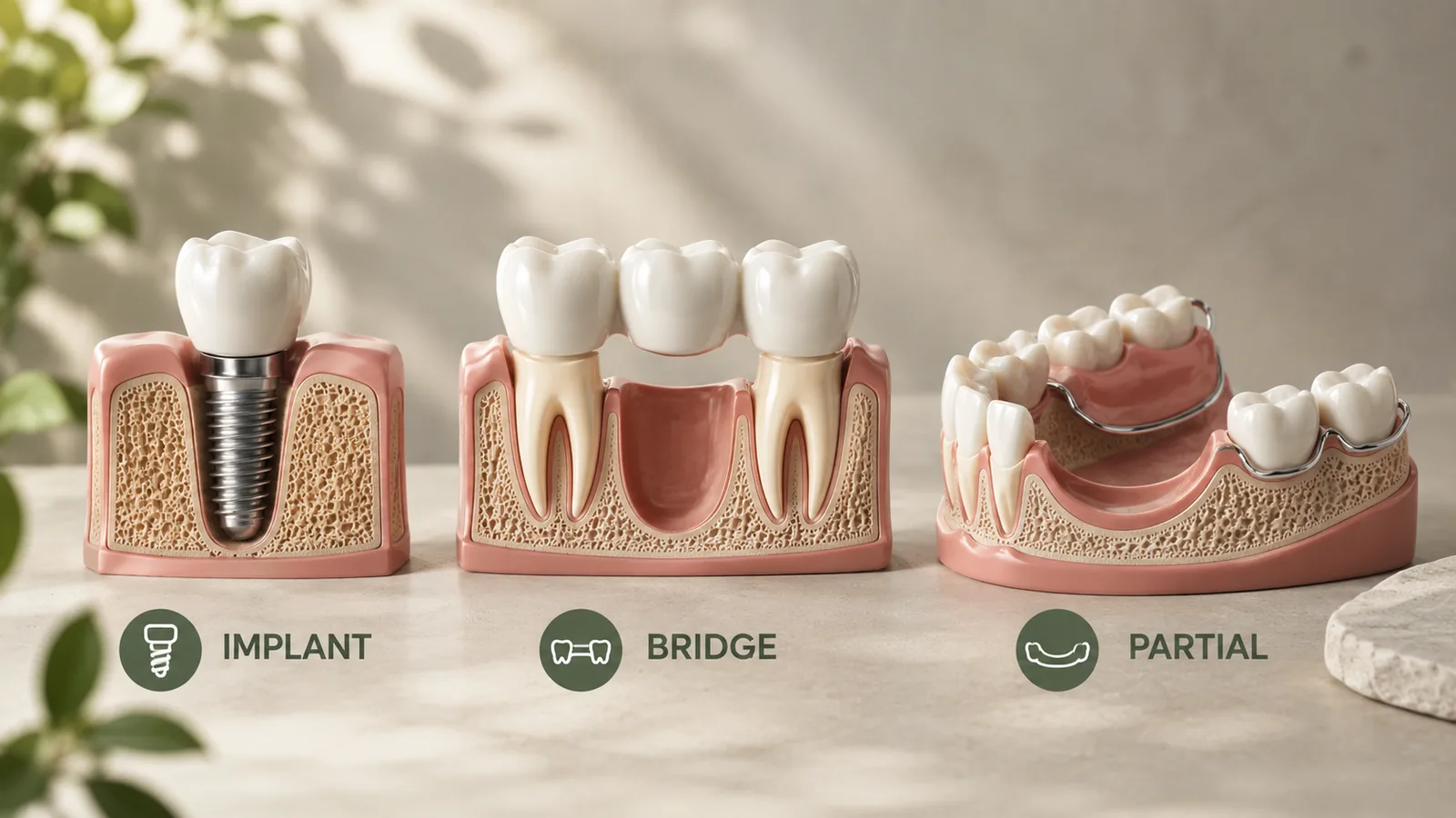 MDRN Dental Studio educational image for Implant, Bridge, or Partial: How to Think Through Tooth Replacement Options